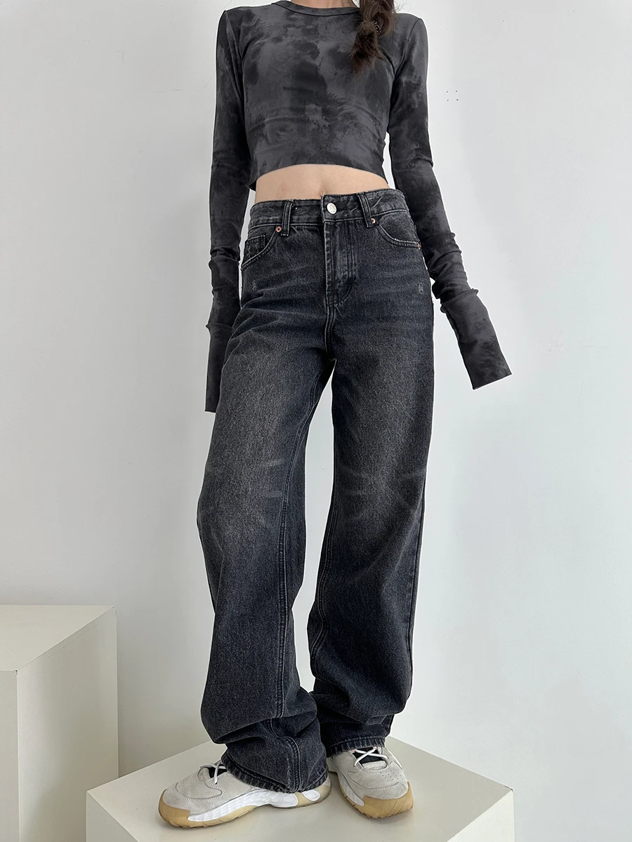 

High Waist Wide Leg Straight Cut Jeans Women's Washed Denim Pants Long Trousers American Style Vintage Loose Fit