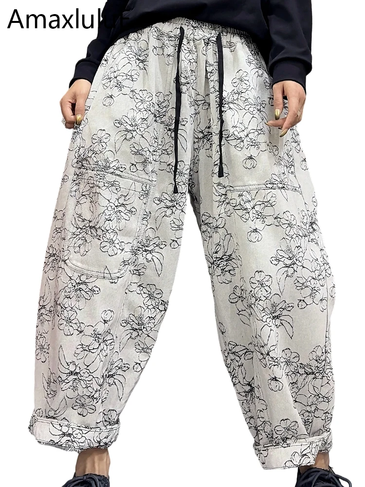 

Amax LuluE 2025 корейские винтажные джинсы с цветочным принтом женские классические свободные повседневные джинсовые брюки с принтом женские брюки для фитнеса с эластичной резинкой на талии