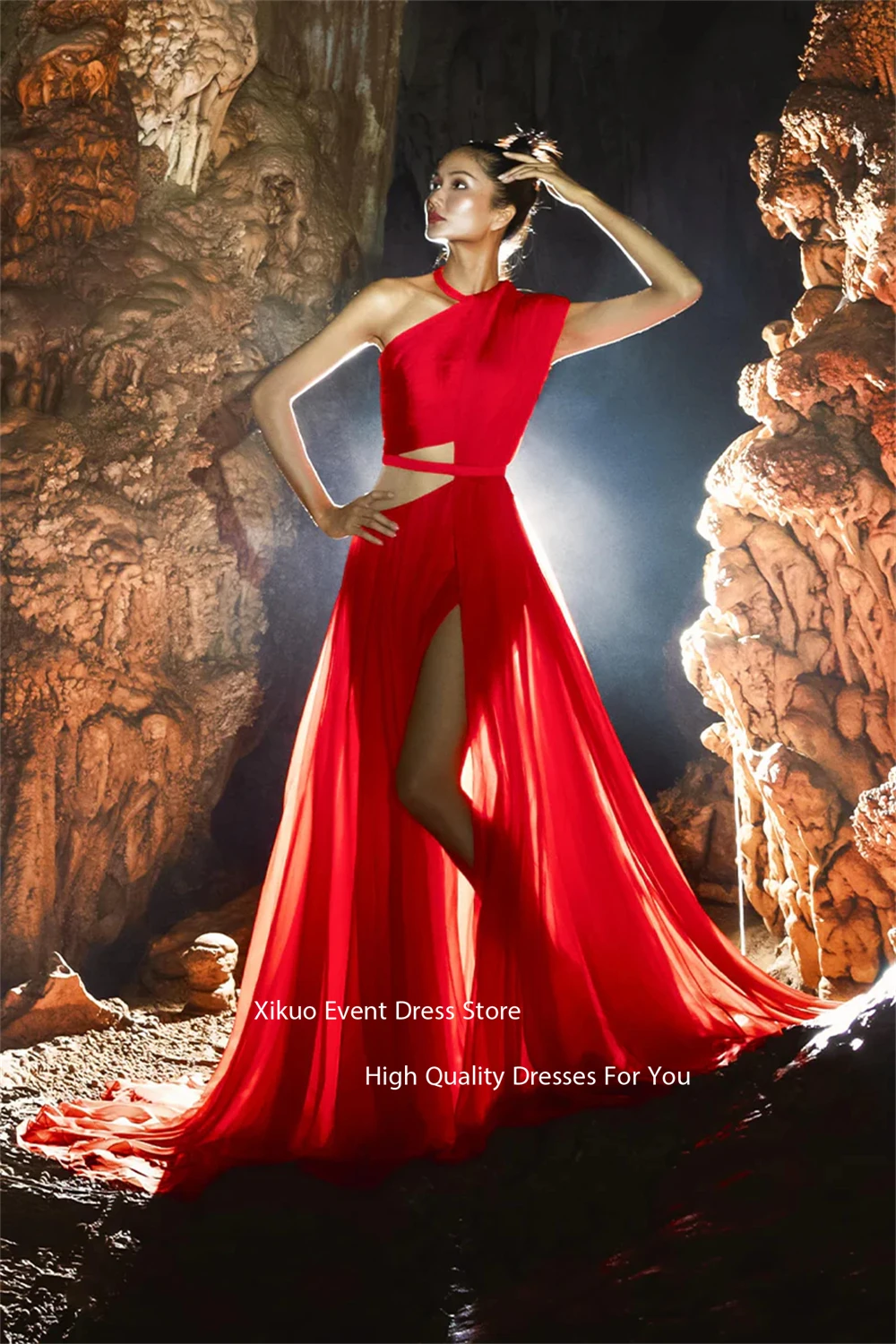 Xikuo Rot Fließende Abendkleider Hohe Schlitz Maxi Prom Kleider Chiffon Eine Schulter Ausschnitt Vestidos De Fiesta Mujer Angepasst