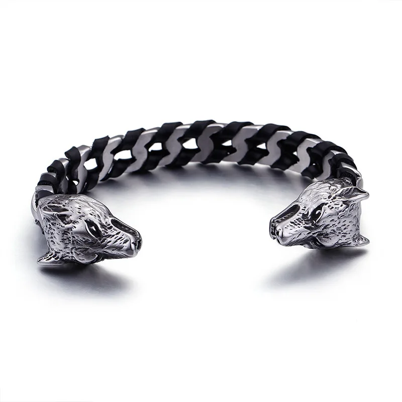 Fashion Retro Color Black Stainles Steel Men Dragon Wolf Skull Head Open Cuff Chain Weave Leather Bangles Bracelets Jewelry