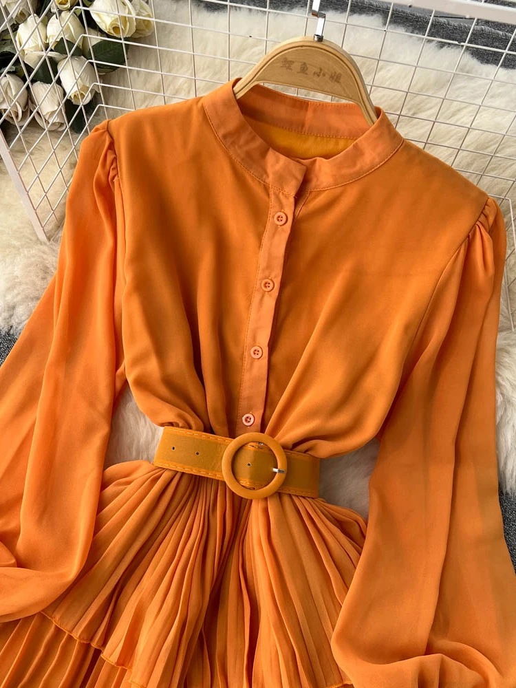 Vintage Women Ruffle Party Long Dress Spring Autumn Elegant Stand Collar Lantern Sleeve High Waist Tierred Draped Maxi Robe New