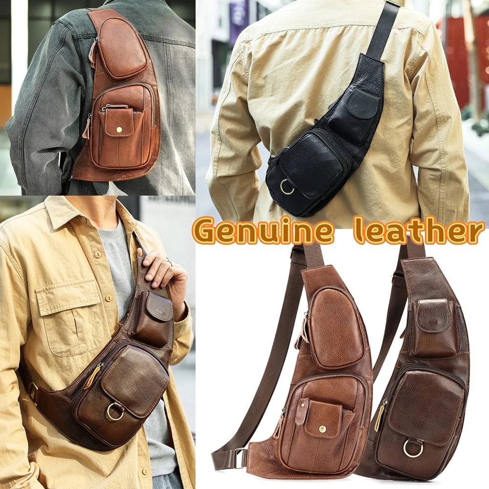 

Genuine leather crossbody bag, adjustable shoulder strap, multi-layer zipper storage, recommended portable bag for men
