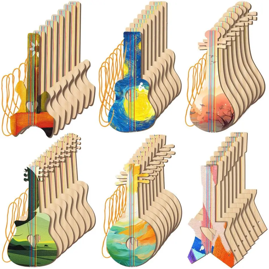 

48 шт. деревянные поделки для гитары DIY подарок для гитары оптом музыкальная вечеринка художественные поделки подарок на Хэллоуин Рождественская музыкальная вечеринка сувениры, 6 разных цветов