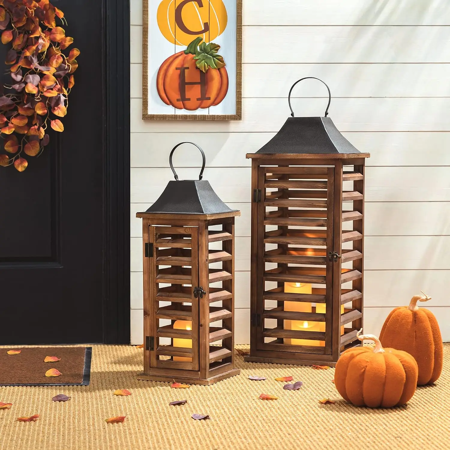 Farmhouse Wood Metal Candle Lanterns Tall Vintage Decorative Candle Holders Set of 2 Shutter Style Distressed Floor Lanterns