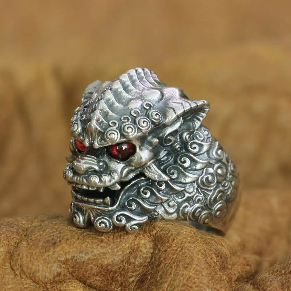 925 Sterling Silver Red CZ Eyes Chinese Style Lion Ring TA268 US 7~15 BZ