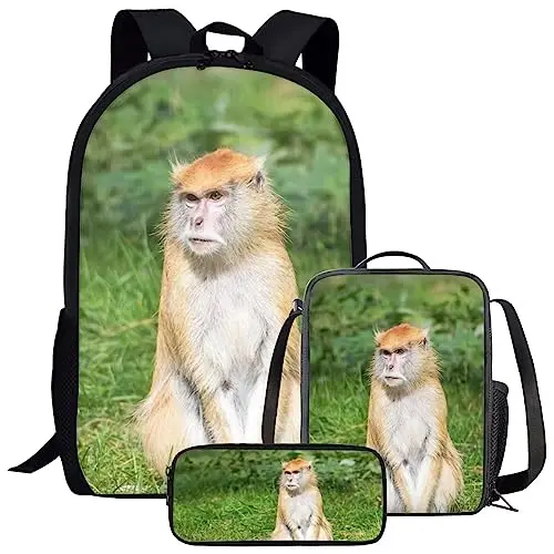 Brown Monkey Cute Print Backpack Girls Boys School Bag Set for Leisure Entertainment Travel Daypack with Lunch Bag Pencil Case