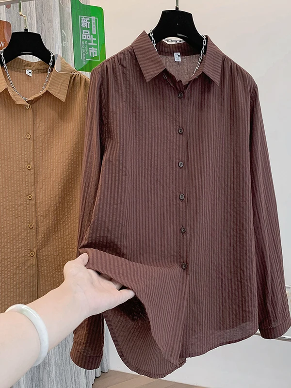 

Retro Korean Long Sve Striped irt Women's plus Size Artistic Vintage Design Breathable Casual Sle Office Wear