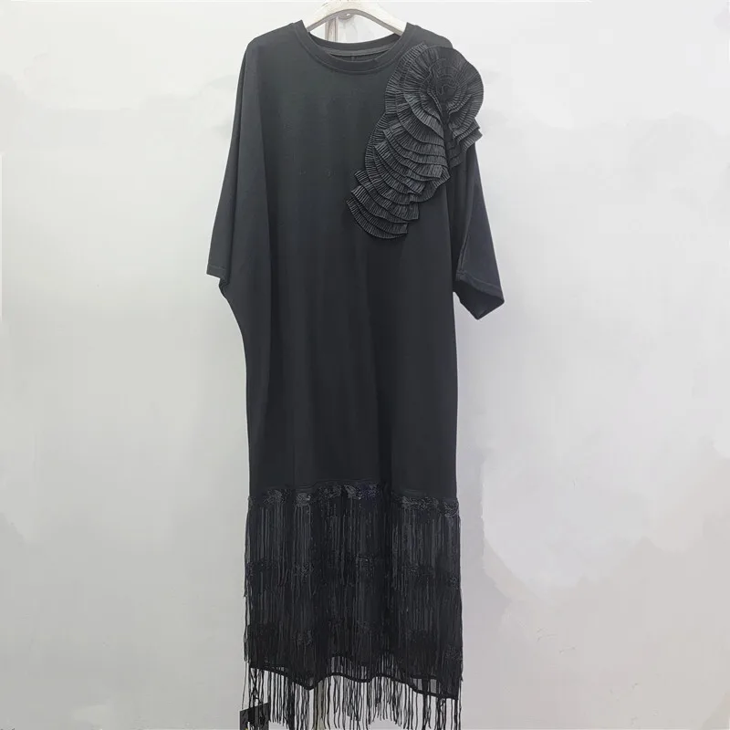 HKSH 春夏新作 レディース ワンピース Oネック 半袖 立体フリル スパンコール タッセル シック オーバーサイズ ワンピース HK16777