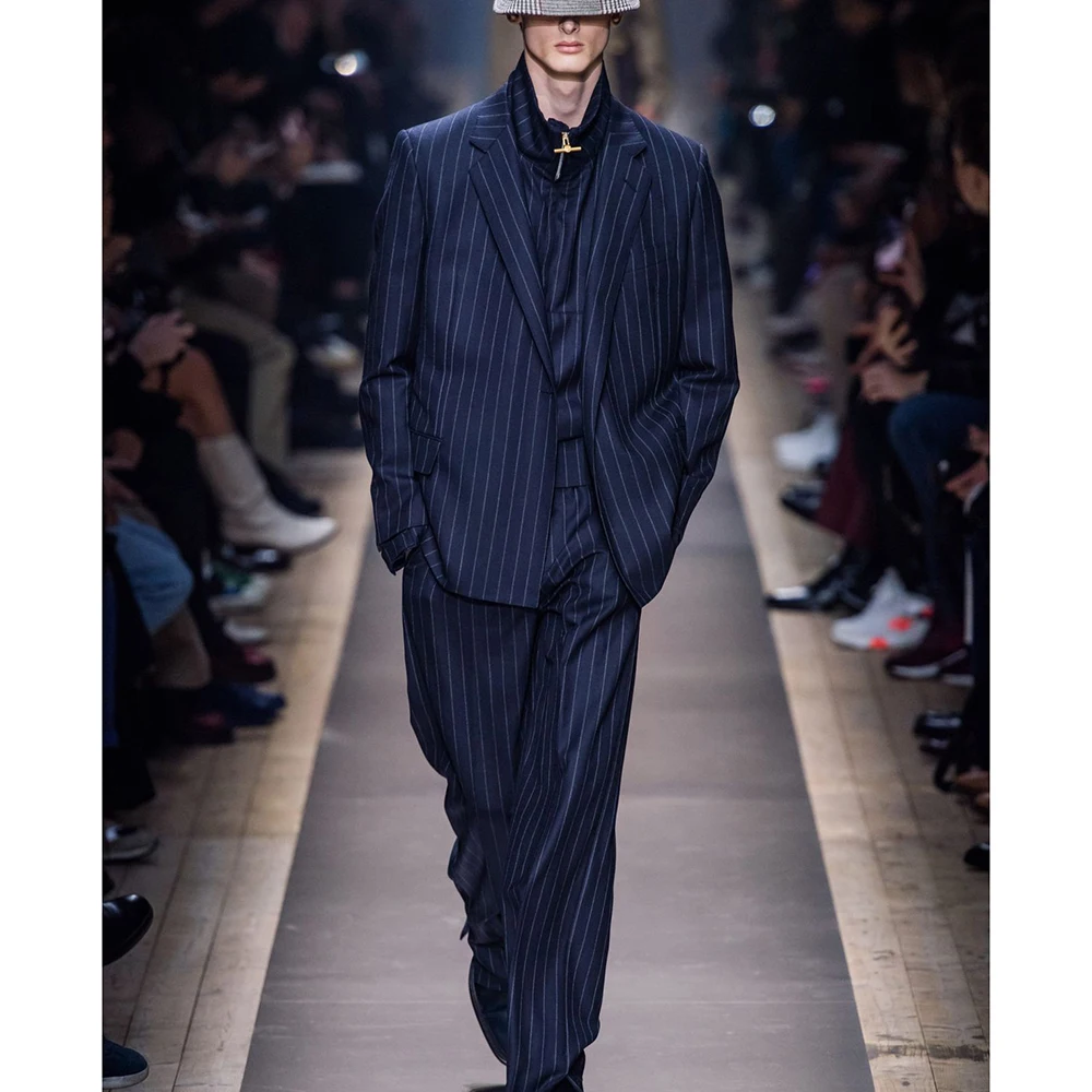 

Мужской роскошный костюм темно-синего цвета в полоску, комплект из 2 предметов: пиджак и брюки, однобортный, с лацканами-клеш, для свадьбы, вечеринки, офиса, мужская одежда