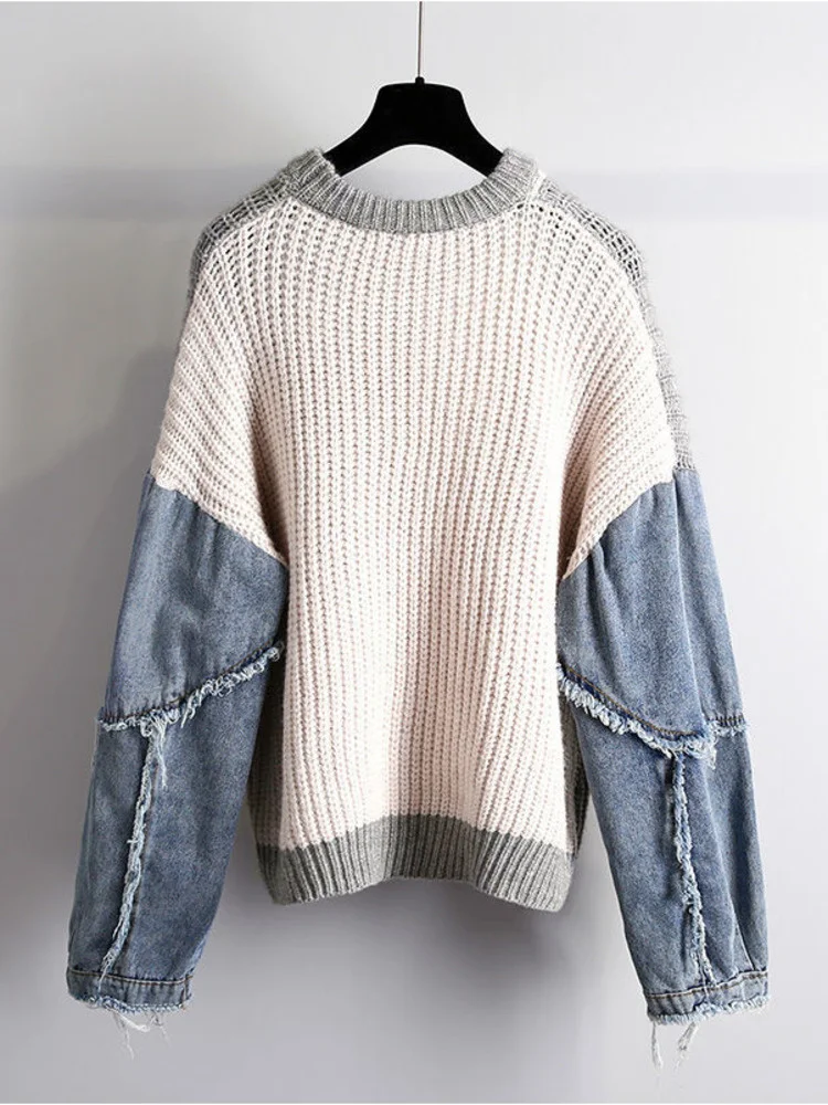 2022 nuovo maglione con cuciture in Denim Hip-hop di moda da donna con Design autunnale e invernale maglione Pullover retrò sciolto e pigro