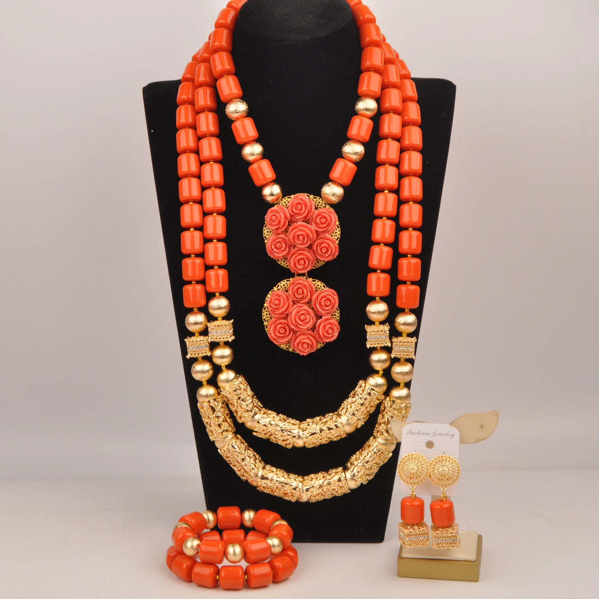 Fashionable Nigerian Women's Orange Imitation Coral Necklace African Bridal Wedding Jewelry Wedding Accessories Set XIN-212