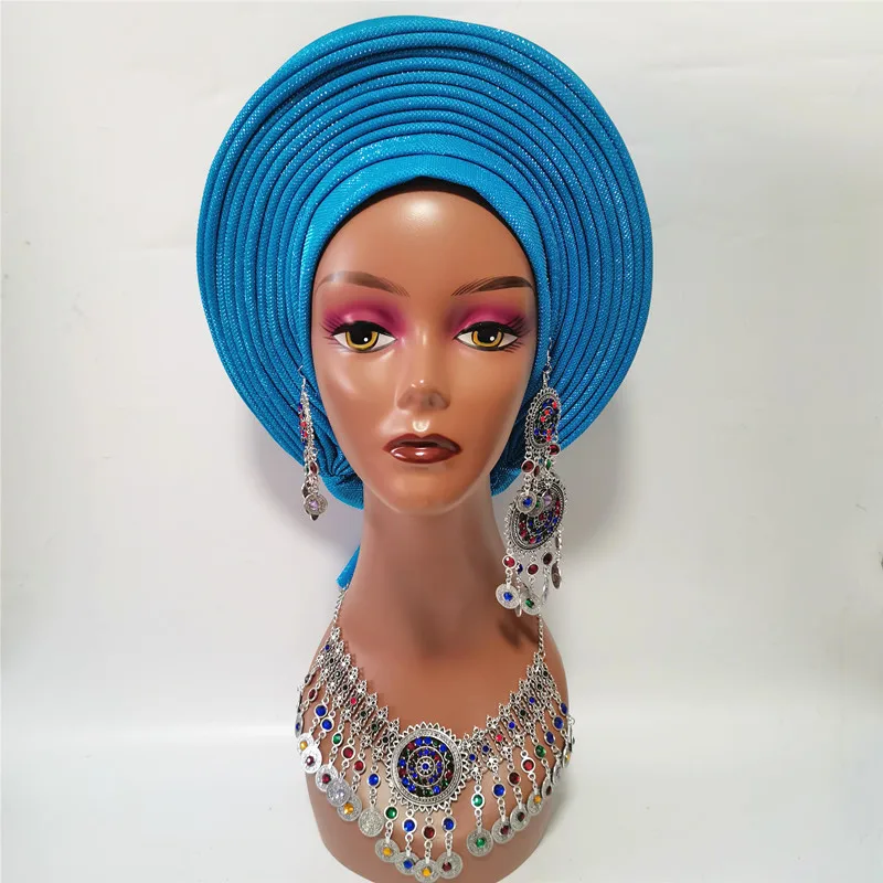 New African Turban Hat already Made Auto Gele Headtie Muslim African Headtie Headwrap with Necklace Earring for Party XM222-1