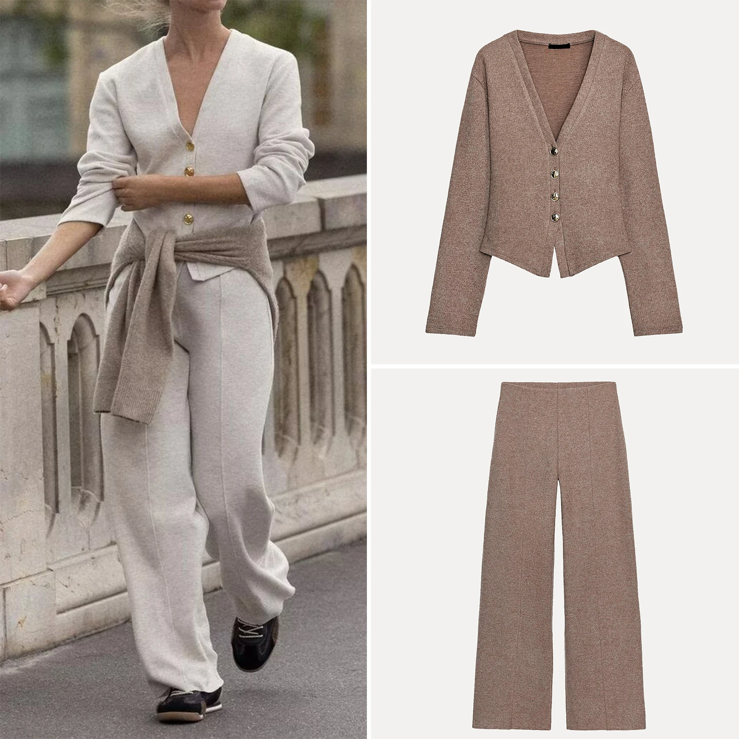 

Z женское мягкое пальто на пуговицах и широкие брюки Faion комплект с высокой талией Long Sve V-Ne Four Seasons одежда для взрослых