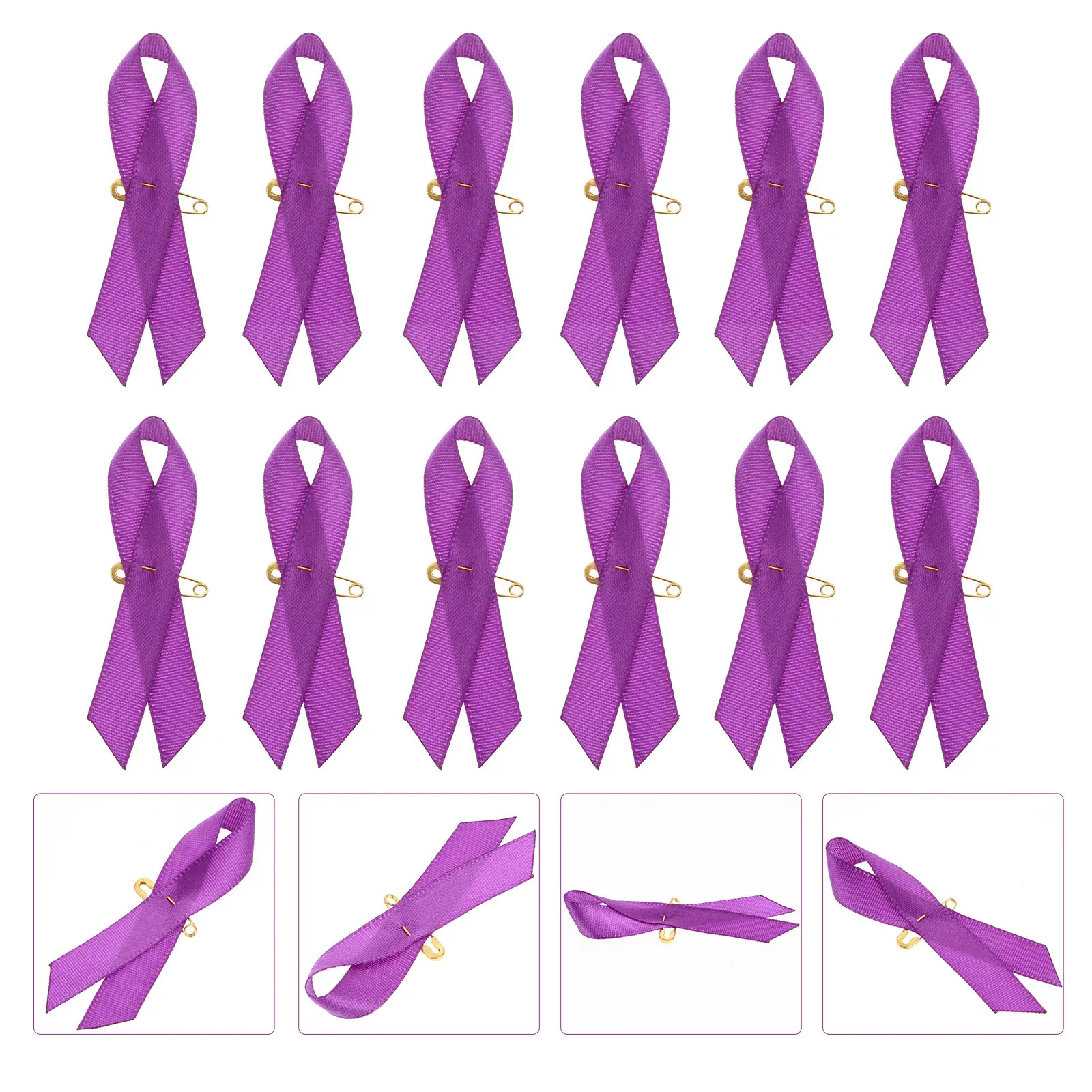 100Pcs Purple Ribbon Breastpin Polyester Badge Brooch Peace Knot Satin Pin Charity Event Anti Violence Public Activity Creative