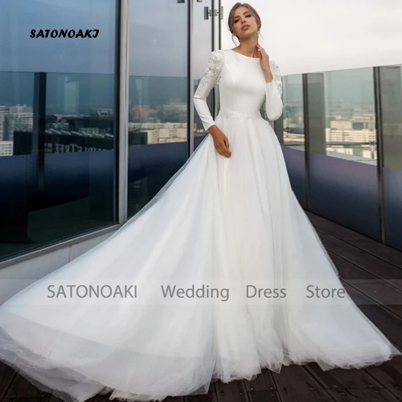 

Customized Elegant Ivory Boho V-Neck Lace Satin Wedding Dress for Women Long Sleeve A-Line Beach Bridal Gown Vestidos De Novia
