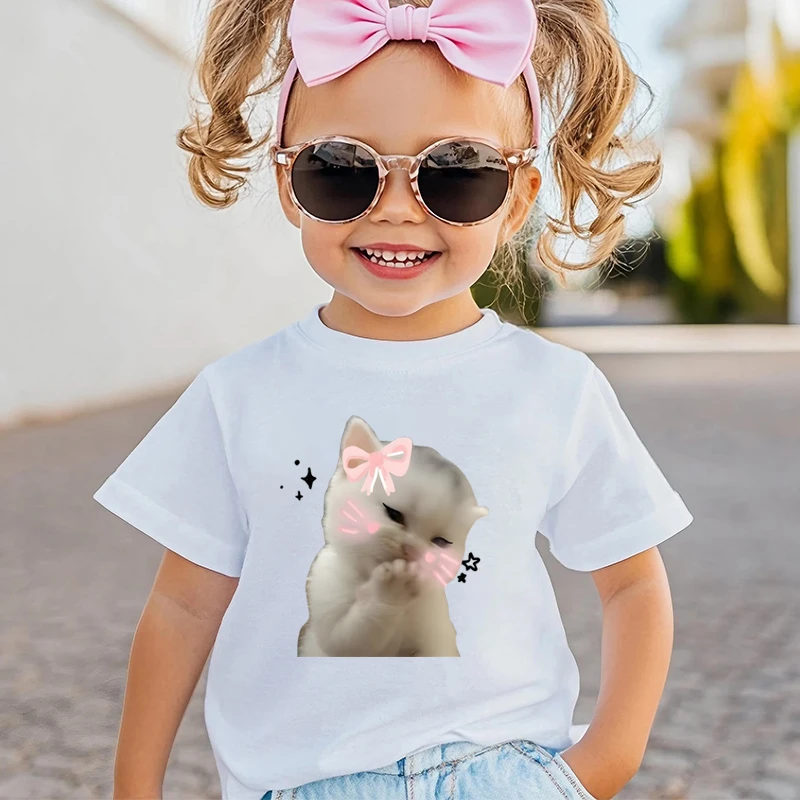 Cute Kitten with Pink Bow Kids T-Shirt Adorable Cat Graphic Tee Toddler Girl Cat Lover Tee Casual Little Girls Top Soft Kids Top