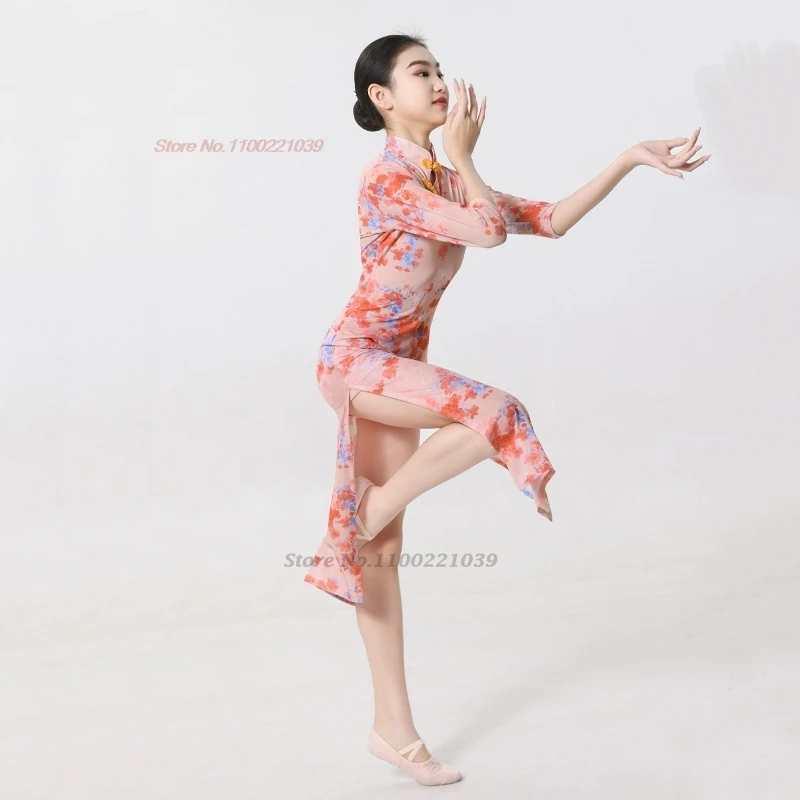 Costume de danse vintage chinois pour enfants, robe qipao élastique à imprimé floral, robe qipao traditionnelle pour pratique sur scène, 2025