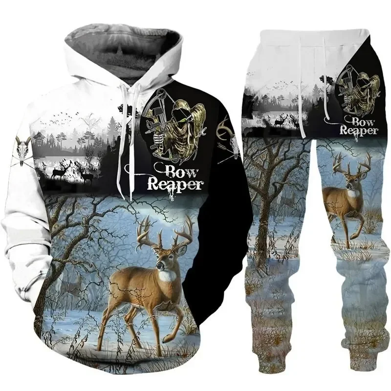 Conjunto de moletons e calças masculinas, moletom Deer Hunting, agasalho estampado em 3D, pulôver oversize, roupas casuais, moda, 2 peças