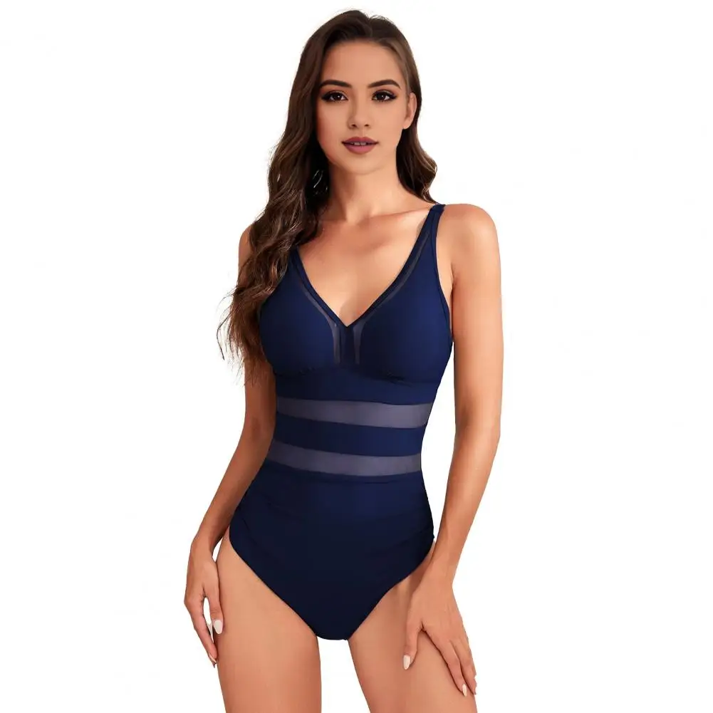 One-piece Swimwear Stylish Women's Mesh Splicing One-piece Swimsuits V-neck Beachwear with Tummy Control High Waist S-shaped