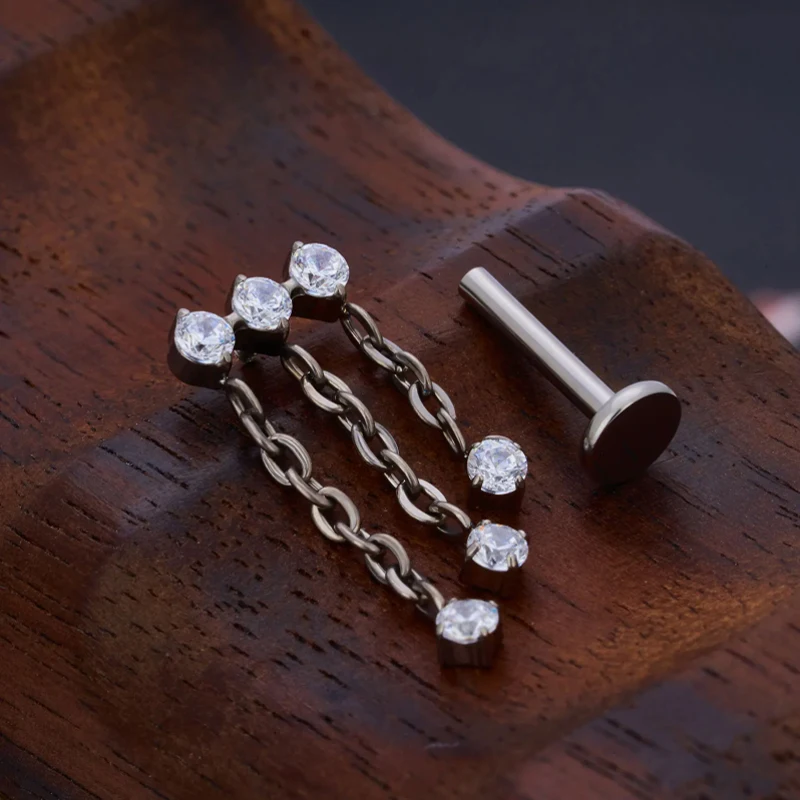 1PC G23 Titanium Zircon Ear Piericing Tassels Chain INS Fashion Internal Thread Silver Gold Color Cartilage Piercing Jewelry