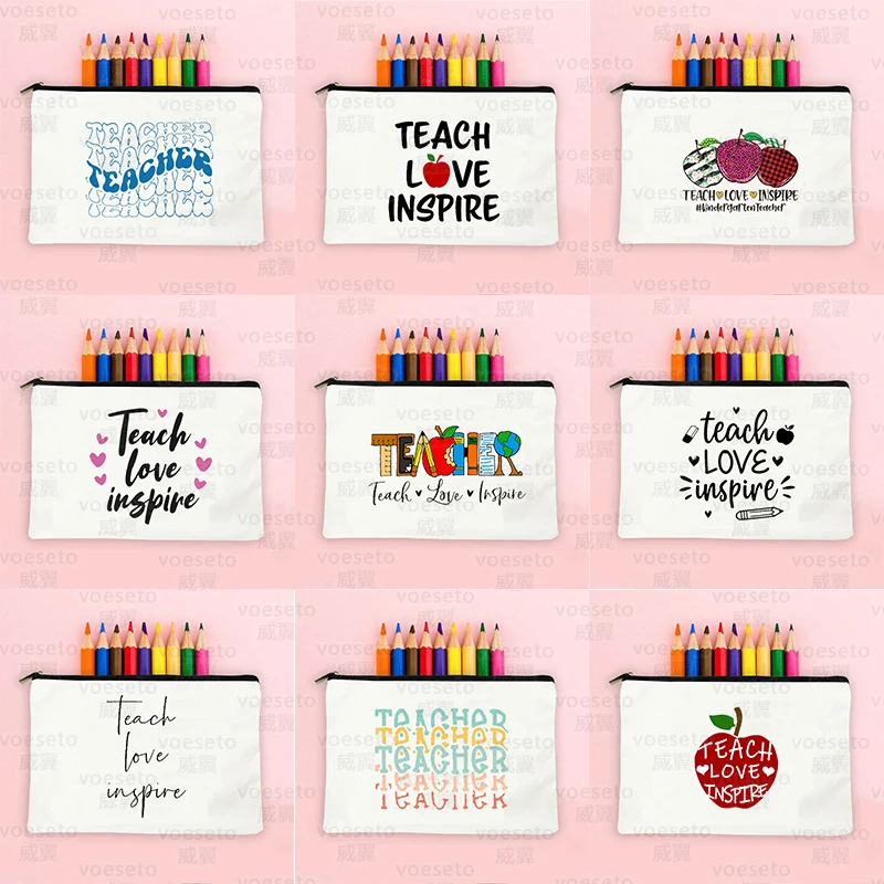 teacher love inspire Printed Makeup Bag Pencil Case School Stationery Supplies Storage Bag Travel Wash Pouch Gifts for Atsem
