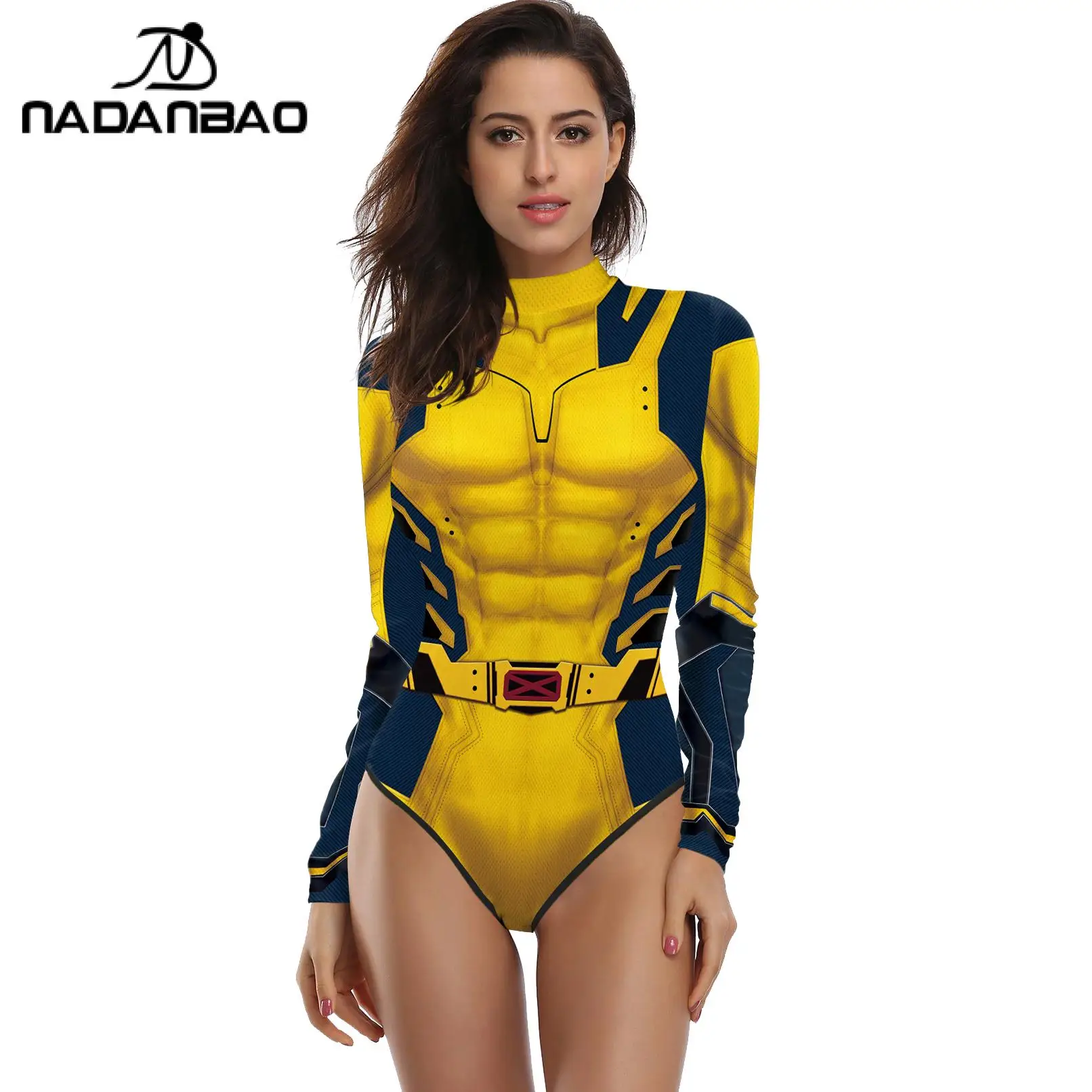 Nadanbao Cosplay Superhero Costume Swimwear Women Movie 3D Printing Long Sleeve Swimsuit Female Zipper Bodysuit Beachwear