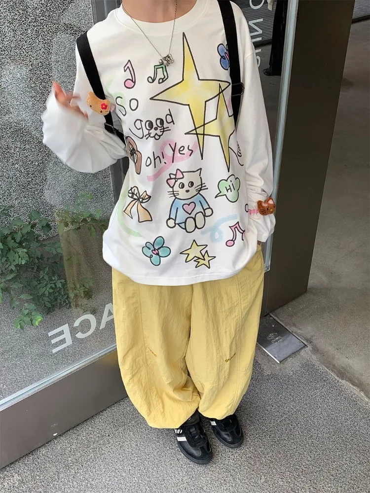 Deeptown Kawaii Cute Oversize White Tshirts Women Y2k Japanese 2000s Style Cartoon Graphic Long Sleeve Tshirts Coquette Tops