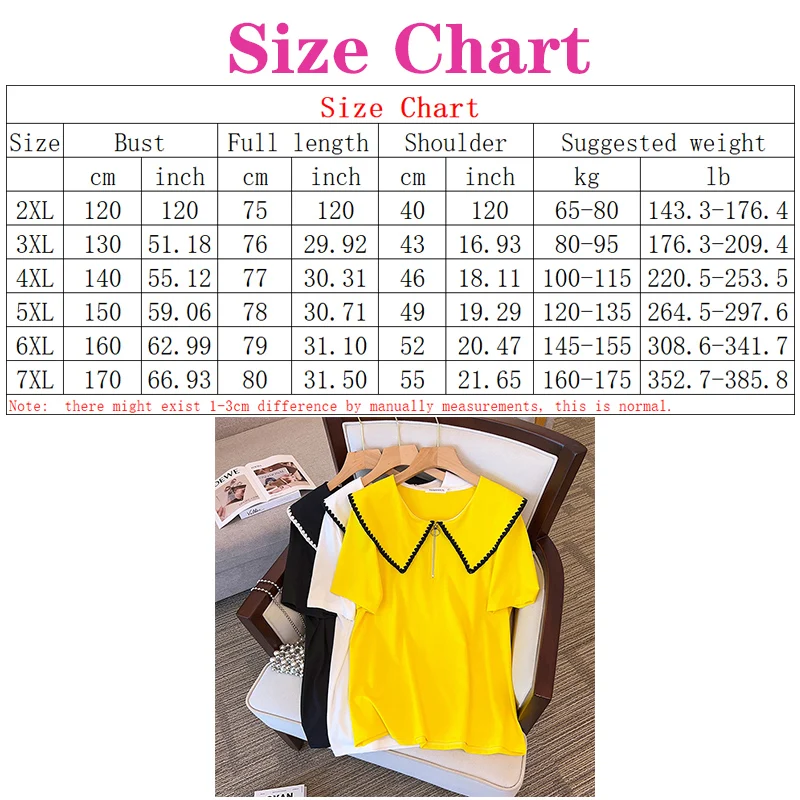 2023 Summer Big Size Slim Loose Medium Length Tops Women Polo Neck Short Sleeve T-shirt 100/150/175kg Women T Shirts 6XL 7XL