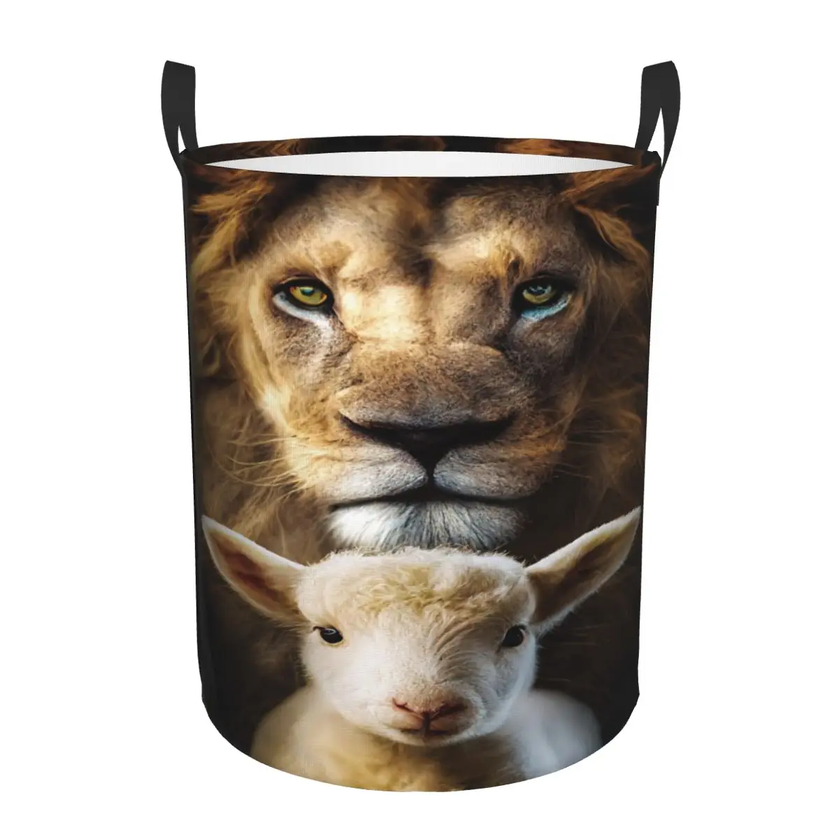 Custom Lamb And Lion Laundry Basket Collapsible Jesus Christian Clothes Toy Hamper Storage Bin for Kids Nursery