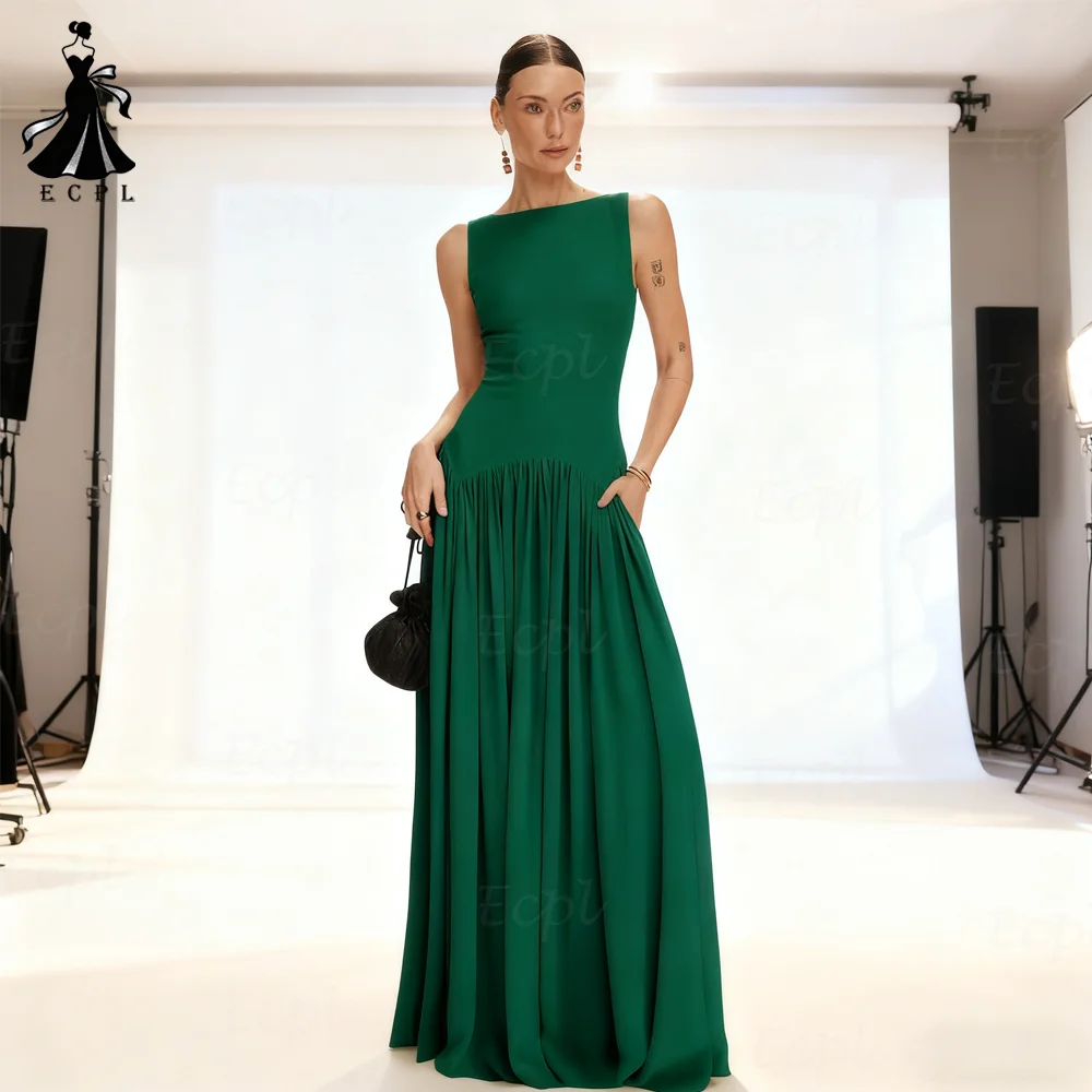 Ecpl رقبة دائرية من الساتان للحفلات الراقصة 2025 بدون أكمام بدون ظهر فستان سهرة أشرطة سباغيتي على شكل حرف a فيستدوس دي فييستا مخصصEcpl O-Neck الساتين فستان حفل حفل 2025 بلا أكمام فستان مساء بلا خلف أحزمة سباغيتي A-Line #1