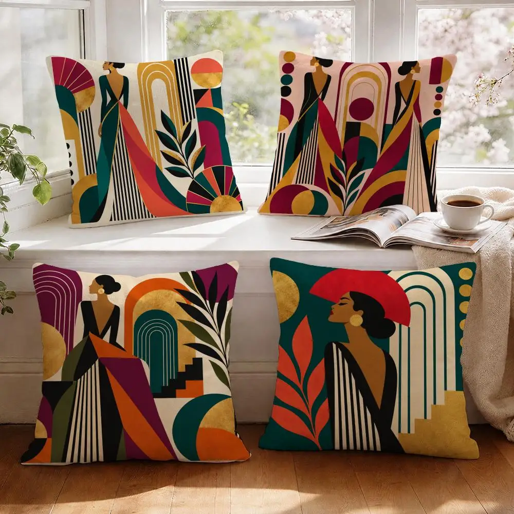 Art Deco Figures Cushion Cover 1/4Pcs Linen Throw Pillow Covers Double-Side Print Sofa Couch Living Room Decor