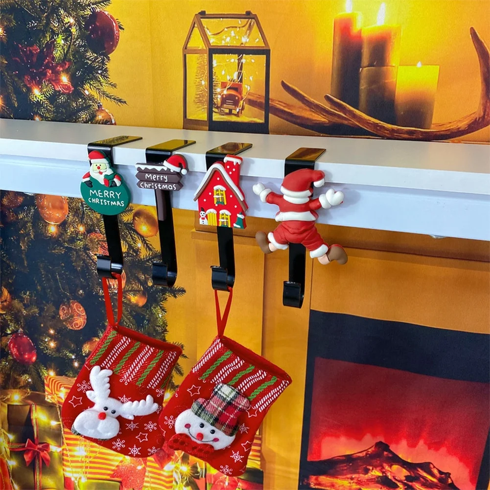 Christmas Fireplace Stocking Holder Hooks Xmas Stocking Holder L Hook Iron Santa House Silicone Pad Christmas Decoration