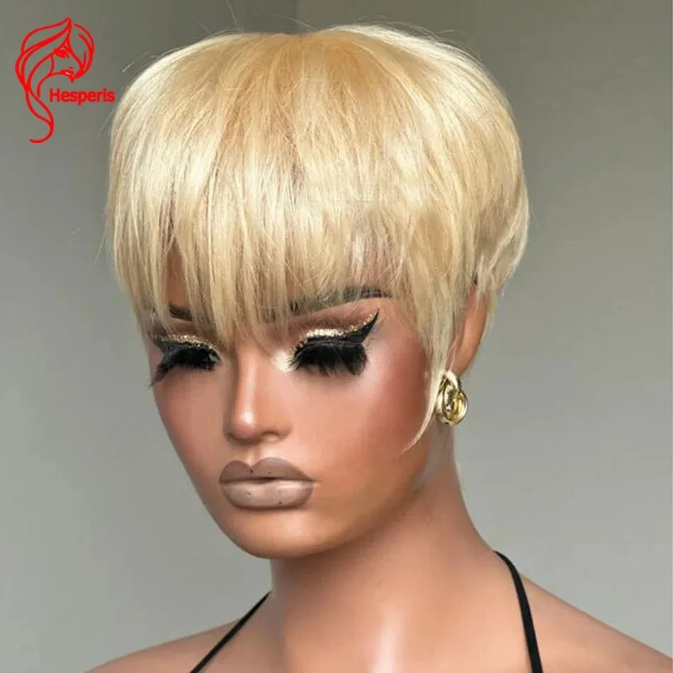 Hesperis 613 Blonde Hair Short Wigs Full Machine Made Human Hair Wig With Bang Short Pixie Cut Wig Layered Cut Wig For Women