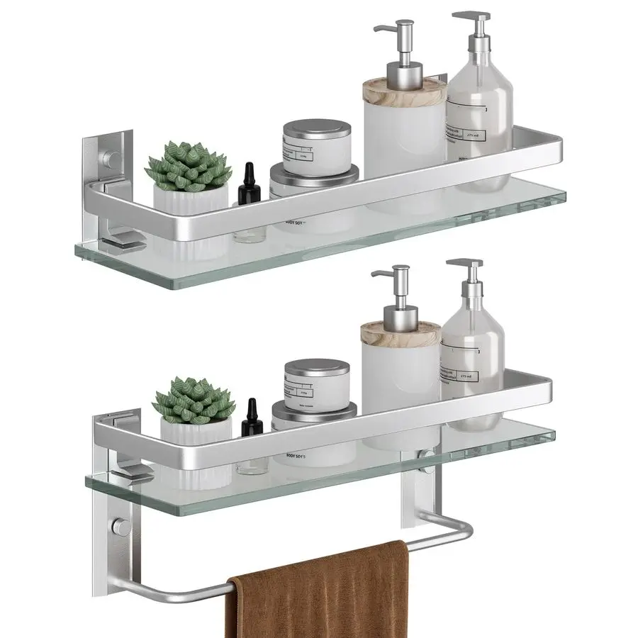 

Bathroom Shelves Wall Mounted, Clear Tempered Glass Shelf with Towel Bar, Hand Towel HolderMatte Silver