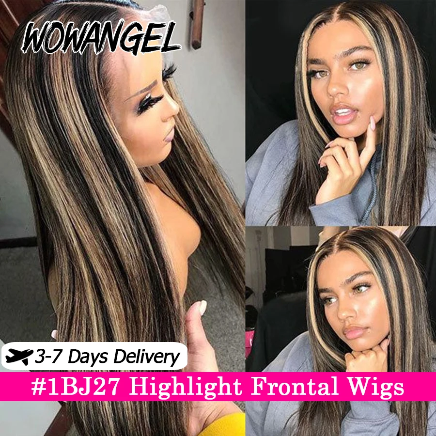 WowAngel 34in 13x6 HD Lace Full Frontal 1B27 Highlight Wig Straight 13x4 Lace Frontal Human Hair Wigs Pre Plucked Brazilian Hair