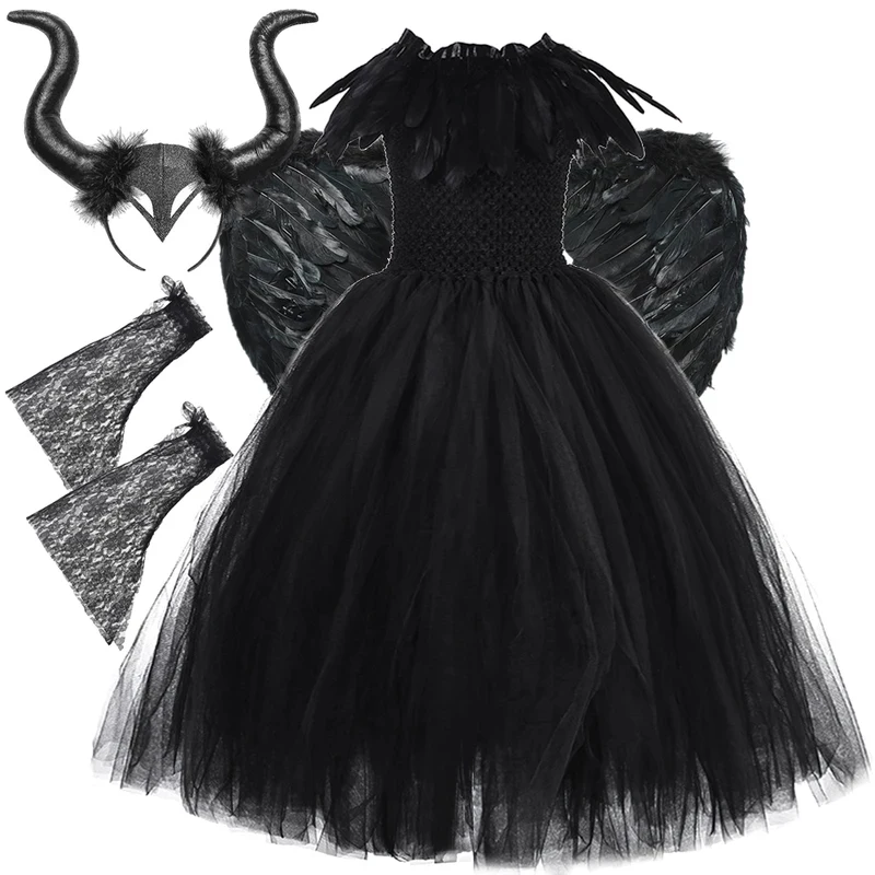 

❤2026★ Black Maleficant Long Costumes for Girls Witch Queen Halloween Lined Dresses with Horns Feather Wings Kids Full Length O❤