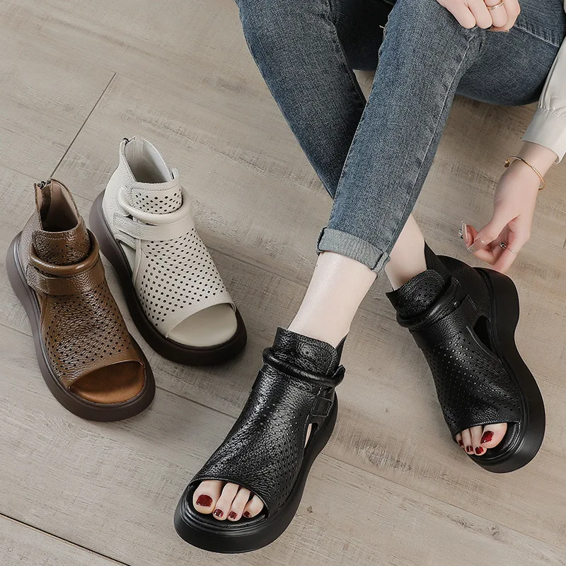 New Summer Roman Sandals Genuine Leather Sandals Flip-flops Women Shoes Comfort Flat Sandals Fashion Shoes Black