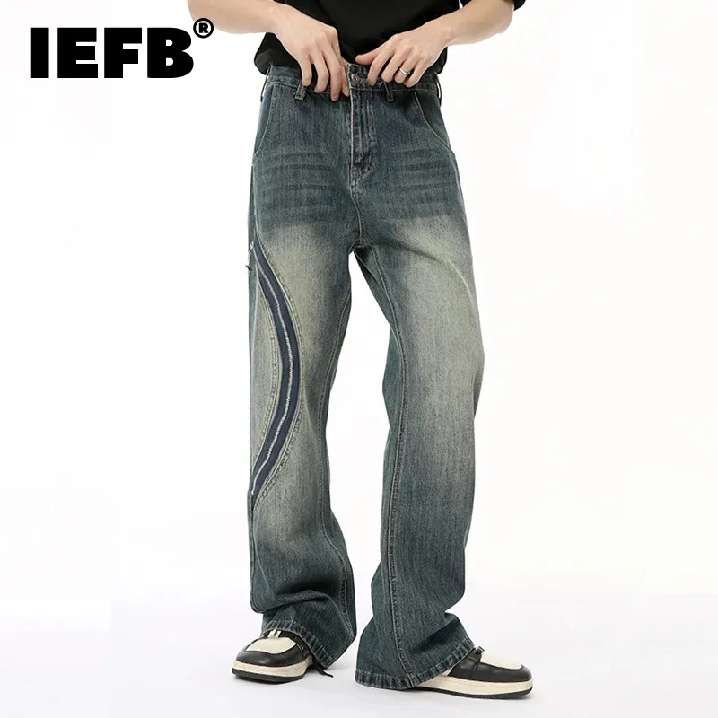 IEFB Male Side Spliced Zipper Design Denim Pants New High Street Loose Wide Leg Men's Jeans Summer 2024 Personality 9C6686