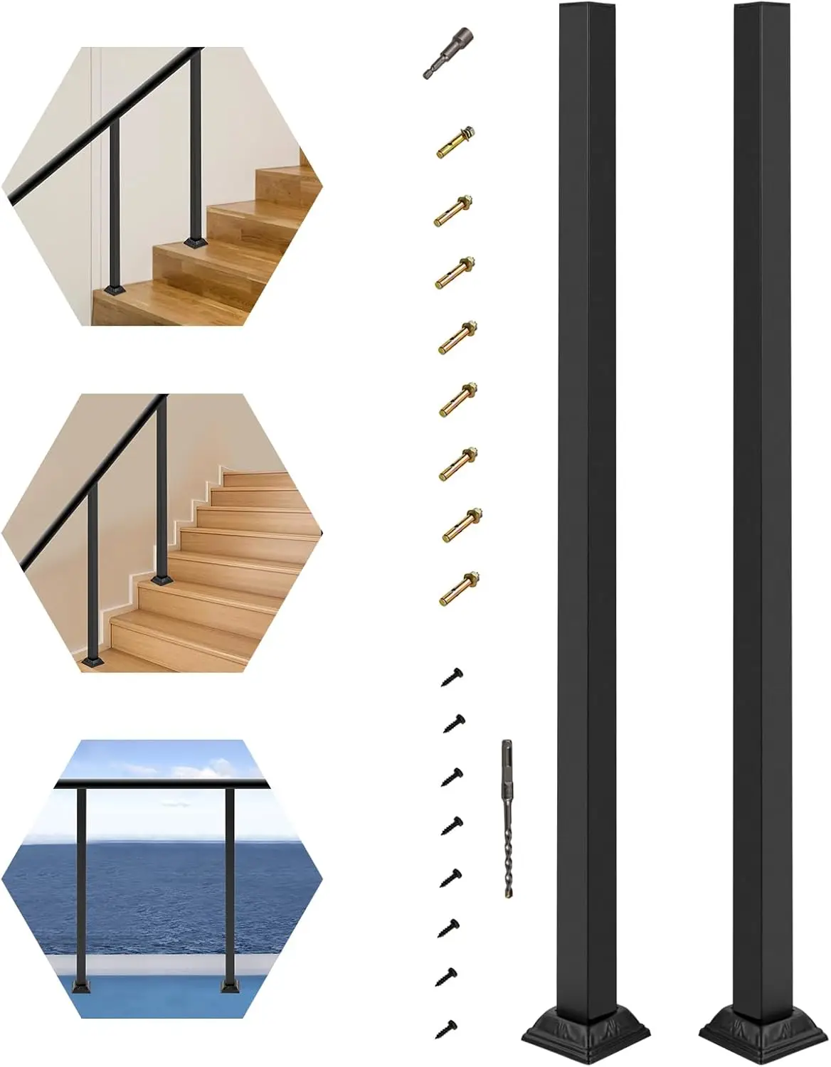 2 قطعة درابزين سطح أسود 38 بوصة طقم درابزين من الحديد المطاوع ، طقم عمود درابزين من الألومنيوم ، للخطوات ، الدرج ، سطح السفينة ، سلالم الفناء #2