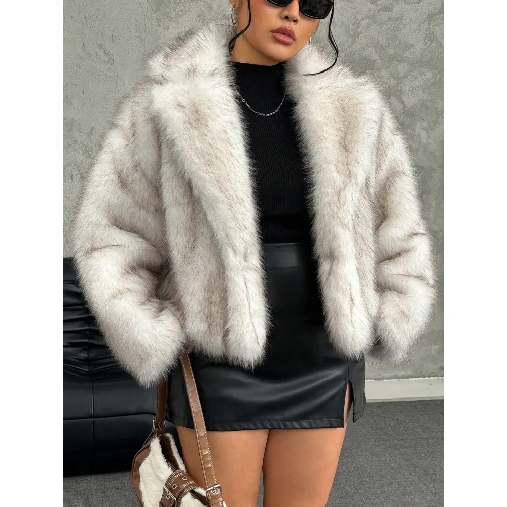 معطف فرو شتوي للنساء جاكيت من فرو الثعلب الصناعي جديد سميك دافئ بأكمام طويلة سترة مقصوصة وطية صدر السترة ملابس تصميم ملابس الشارع الشهير