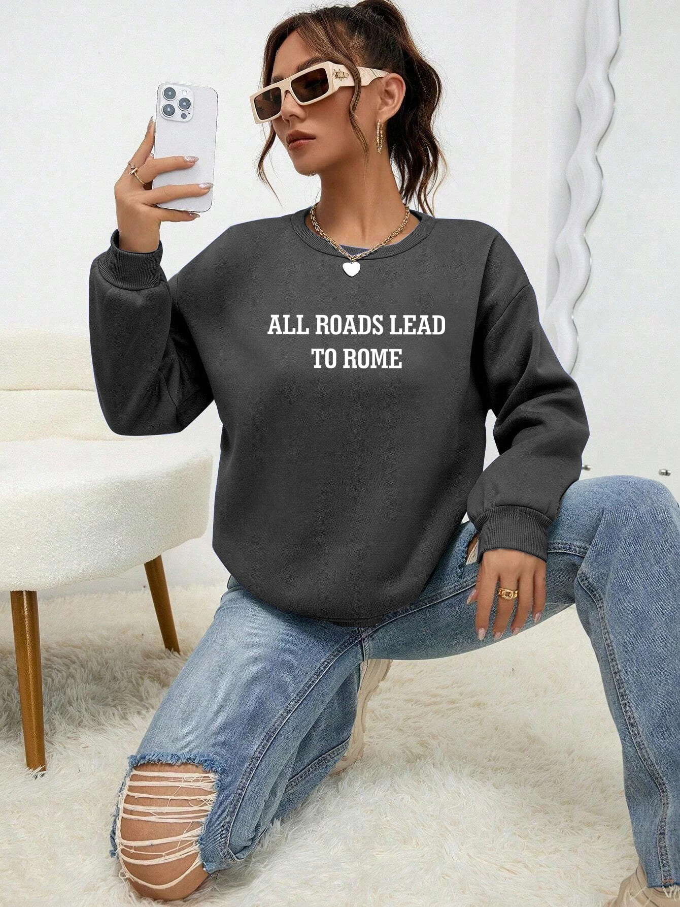 All Roads Leads To Rome Letter Printing Woman Tracksuit Vintage Oversize Tops Warm Comfortable Sweatshirt Autumn Casual Clothes