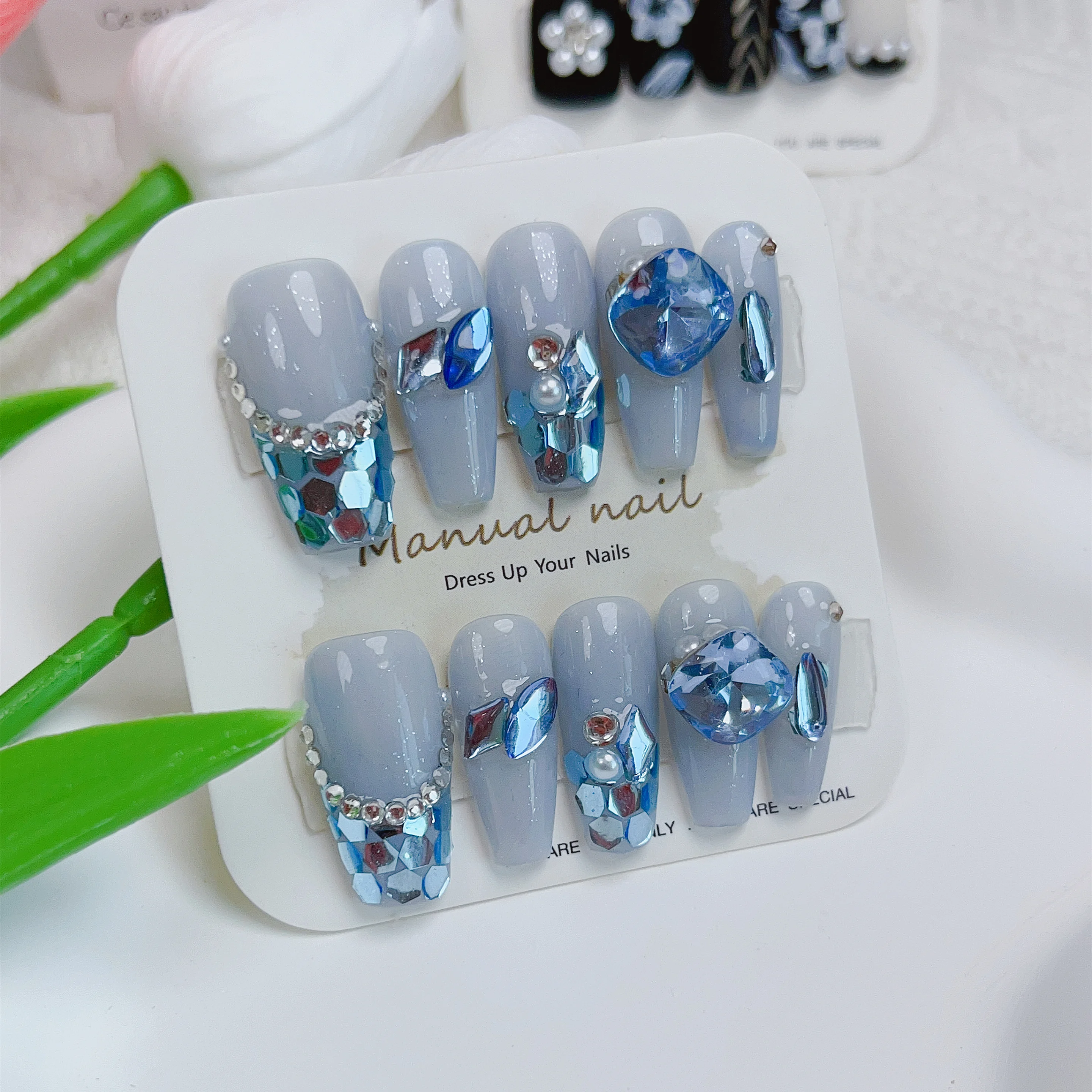 Glittery Blue Diamond and Starry Sea Long Press On Nails Set with Sparkly and Dreamy Style,Beautiful and Charming Style.No.2416