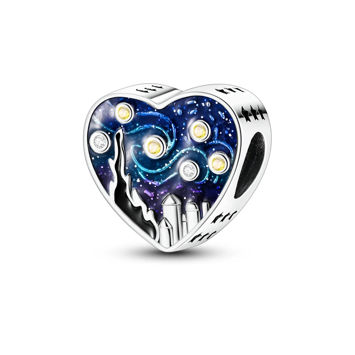 

925 Sterling Silver Van Gogh Starry Night Heart Charm Bead Enamel Starry Sky CZ Fits Bracelets Necklace Women DIY Jewelry Gift