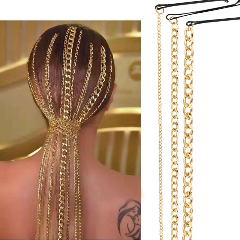 

MOGAKU Hip Hop Style Women Hair Chains Gold Color Heavy Metal Long Tassel Clips Unisex Party Nightclub Punk Headwear Girls Hot