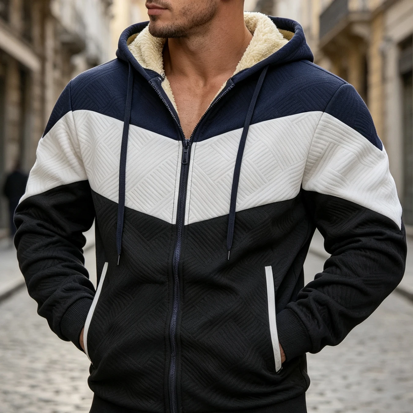Men Color Block Hooded Jacket Textured Zip Up Hoodie Warm Lined Drawstring Hood Coat Autumn Winter Casual Outerwear