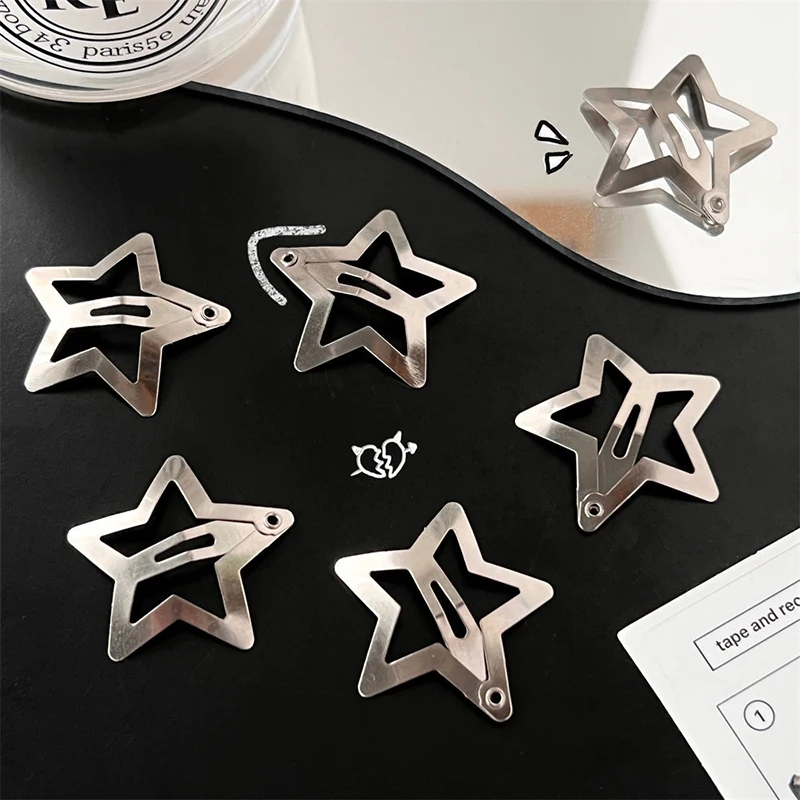 10Pcs Punk Silver Star Hair Clip Hair Metal Snap Clip Hairpins Barrettes for Girls Kids Boutique Hair Accessories Headwear Gifts