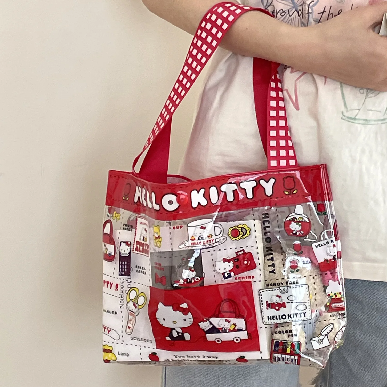 Kawaii Cartoon Red Hello kitty Handbag Girl Cute PVC Transparent Large Capacity Portable Makeup Bag Storage Bag