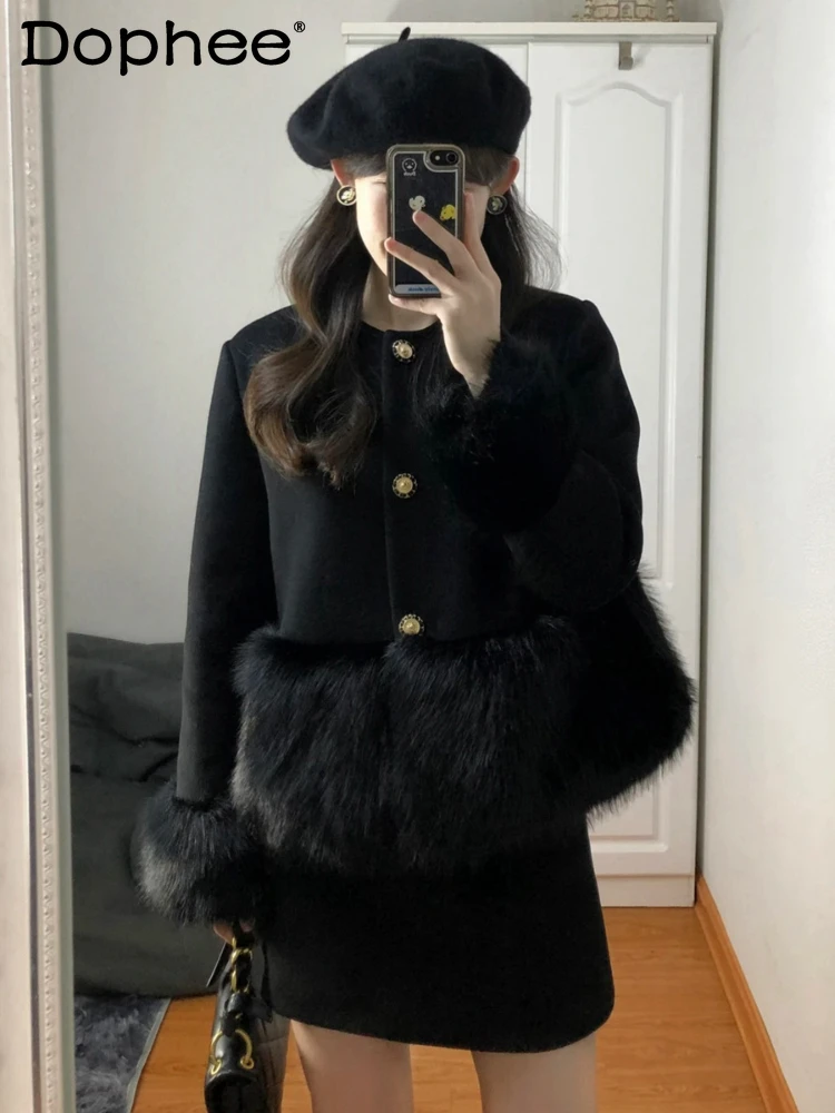 Autumn Winter New Elegant Black Heavy Industry Faux Fur Patchwork Wool Short Coat Two-Piece Overskirt Suit Women\'s Clothing