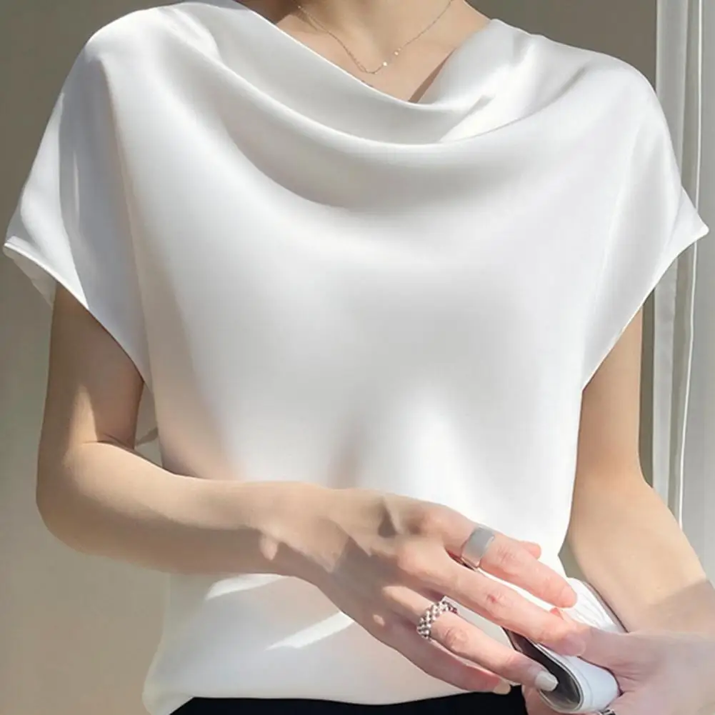 Faux Satin Smooth Elegant Women Blouse Shirt Summer Top Piled Collar Short Sleeve Solid Color Blouse Streetwear