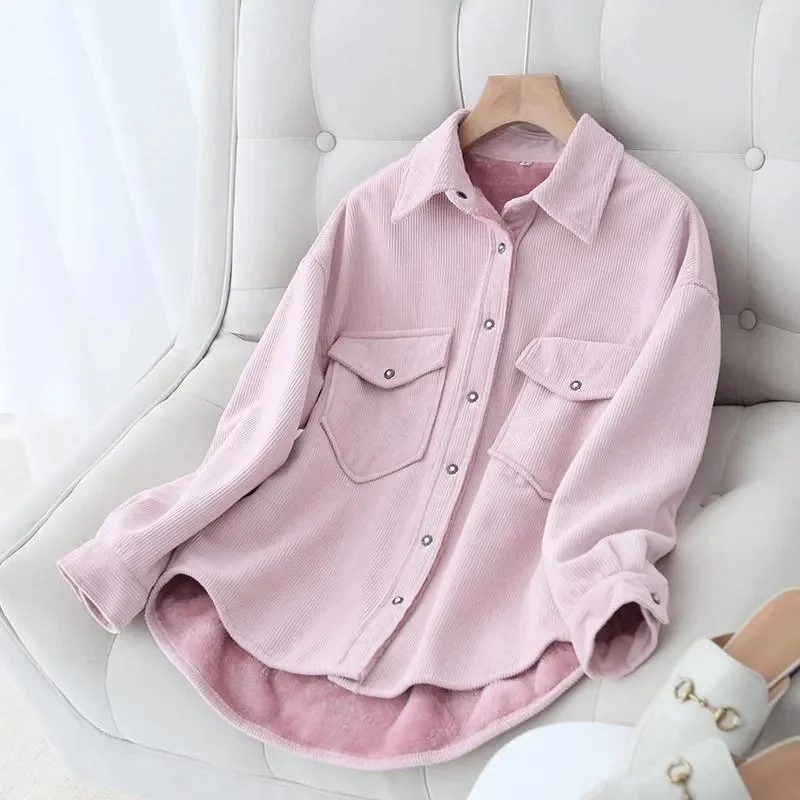 Autumn Winter New One Velvet Padded Soft Corduroy Shirt Women\'s Casual Coat Korean Bottoming Loose Jacket Warm Blouse Female Top